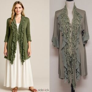 MoriGirl Pretty Angel Vintage Moss Green Lace Mesh Ruffle Asymmetric Cardigan M